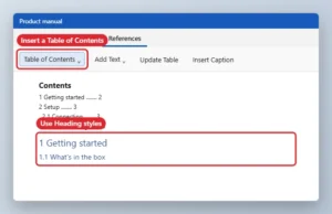 Word processor document with heading styles and an automatic table of contents for a user manual