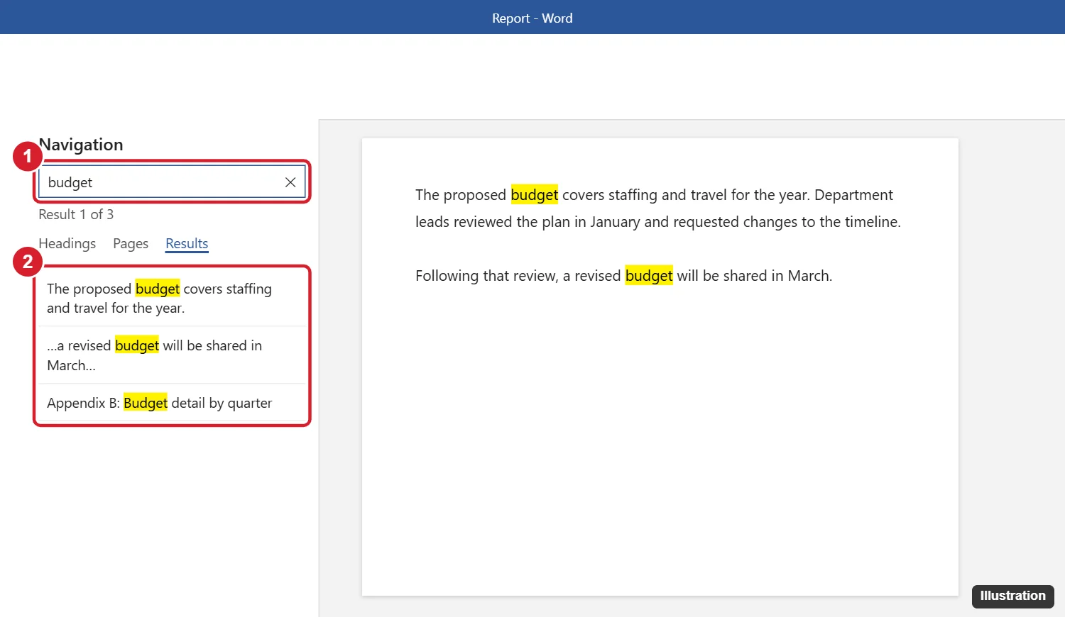 Word Navigation pane with a search term typed and the list of matching results highlighted