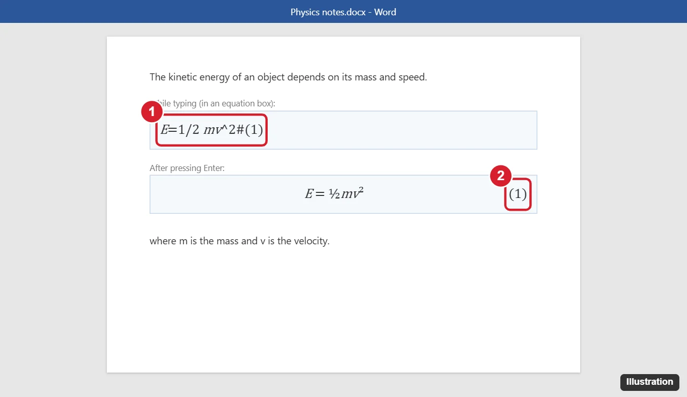 How to Number Equations in Word 1 Word document showing an equation typed with the hash number syntax and the resulting right-aligned equation number