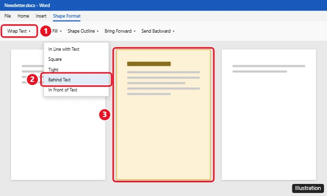 Microsoft Word with a colored rectangle covering one page and the Wrap Text menu open with Behind Text highlighted