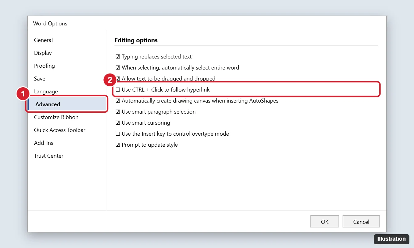 How to Make Links Clickable Without Ctrl in Word 2013 1 Word Options Advanced page with the Use CTRL + Click to follow hyperlink checkbox cleared and highlighted