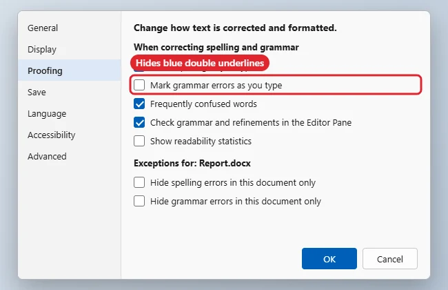 Word processor Options Proofing page with the Mark grammar errors as you type checkbox highlighted