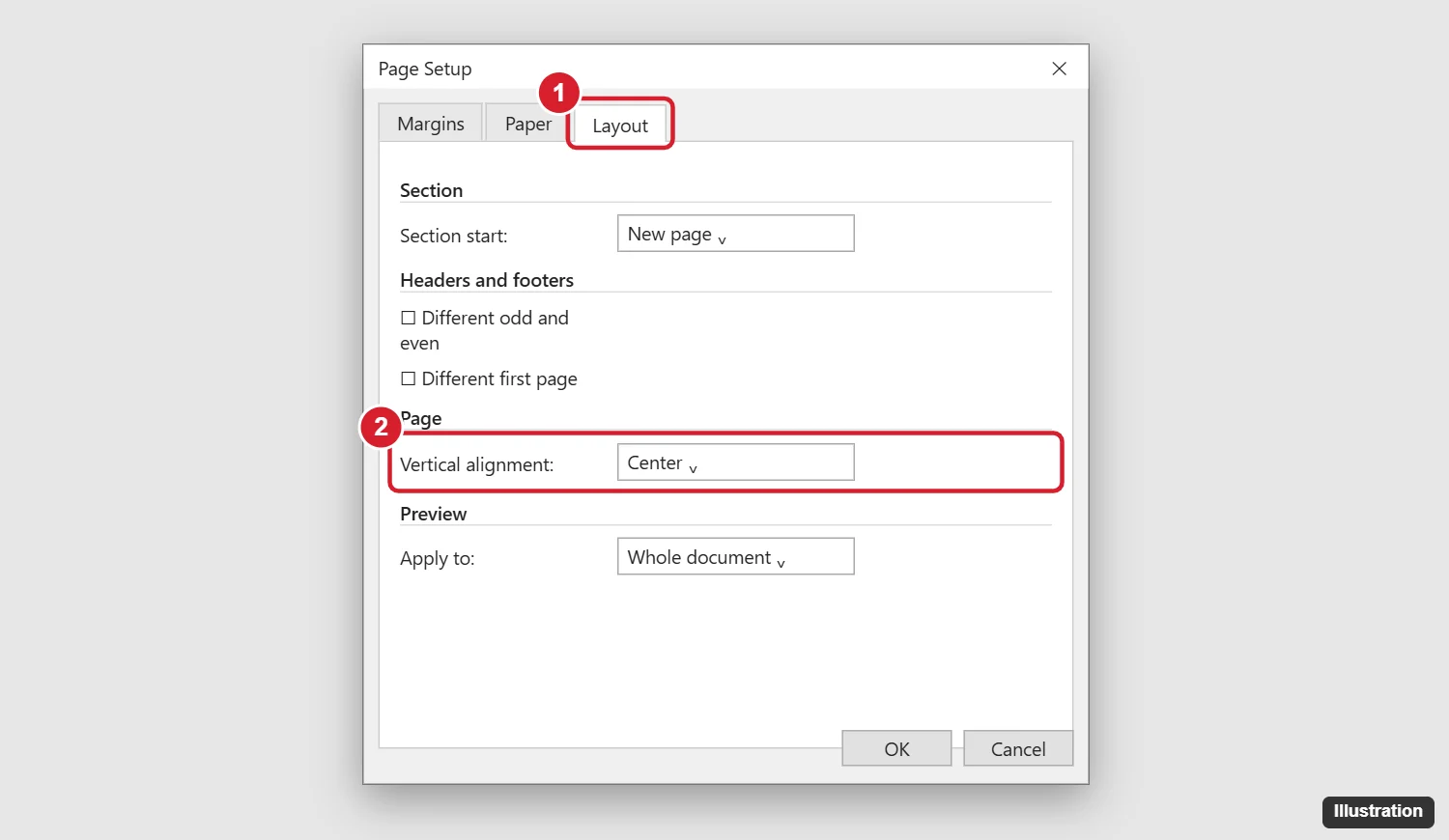 How to Vertically Align Text in Word 1 Word Page Setup dialog on the Layout tab with Vertical alignment set to Center