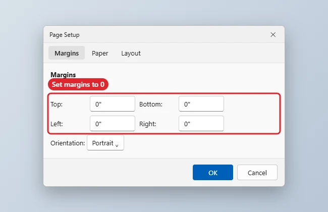 How to Print Without Margins in Word 1 Page Setup dialog with all margins set to 0