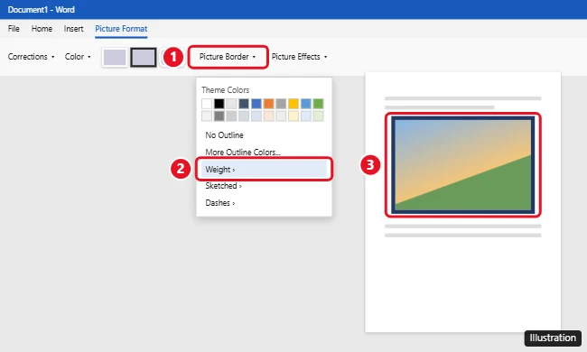 How to Add a Border to a Picture in Microsoft Word 1 Microsoft Word Picture Format tab with the Picture Border menu open showing theme colors, Weight, and Dashes, and a picture with a border on the page