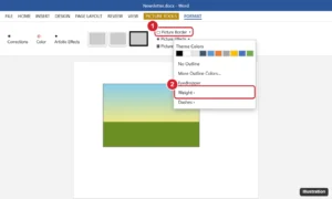 Word 2013 Picture Tools Format tab with the Picture Border menu open showing colors, Weight, and Dashes