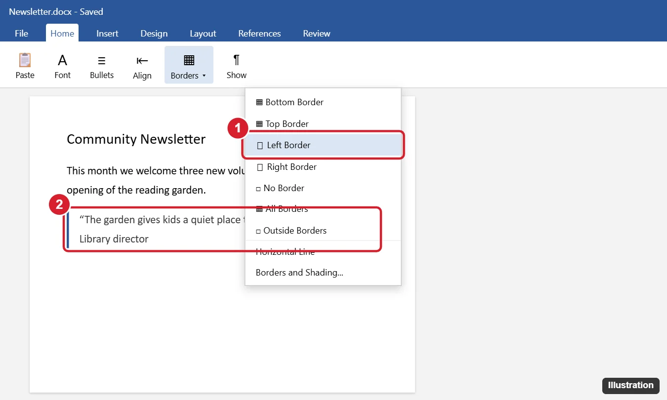 How to Insert a Vertical Line in Word (5 Easy Ways) 1 Word processor Home tab Borders menu open with Left Border highlighted, and a paragraph showing a vertical line along its left edge