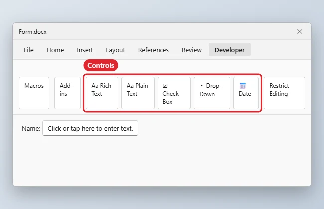 How to Add Fillable Fields in Word 1 Word processor Developer tab with the content controls group highlighted