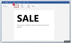 Word processor Home tab with 150 typed into the Font Size box and very large heading text on the page