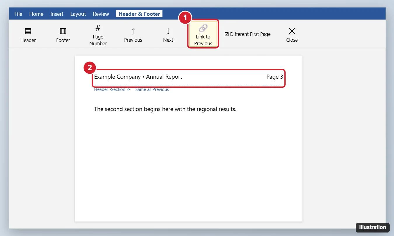 Word processor Header and Footer tab with Link to Previous highlighted and a header area showing company name and page number