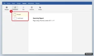 Word processor Layout tab with the Orientation menu open showing Portrait and Landscape, with Portrait highlighted