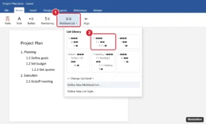 Word processor Home tab with the Multilevel List menu open showing the list library and Define New Multilevel List option highlighted