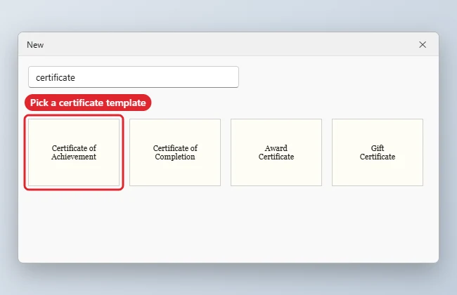 How to Make a Certificate in Word 1 Word processor New screen with certificate templates after a search, the first template highlighted