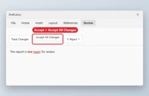 Word processor Review tab with Accept All Changes highlighted