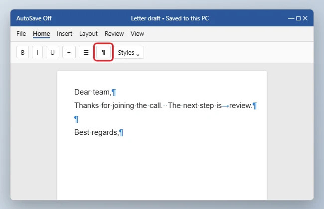 How to Show Spaces in Word 1 Word processor Home tab with the Show/Hide paragraph mark button highlighted and dots showing spaces between words