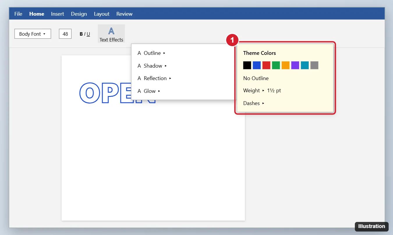 How to Outline Text in Word 1 Word processor Home tab with the Text Effects menu open to Outline, showing outline colors and weight options, and outlined text on the page