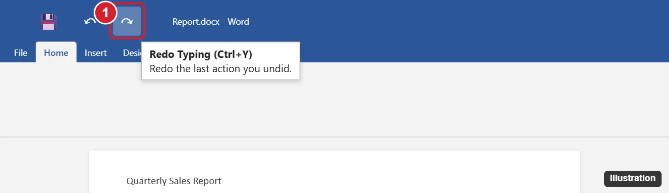 Word title bar Quick Access Toolbar with the Undo and Redo buttons, Redo highlighted