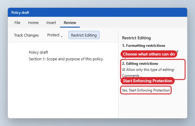 Word processor Restrict Editing pane with editing restricted to comments and the Start Enforcing Protection button