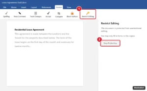 Word style window with the Review tab Restrict Editing button and the Stop Protection button in the Restrict Editing pane highlighted