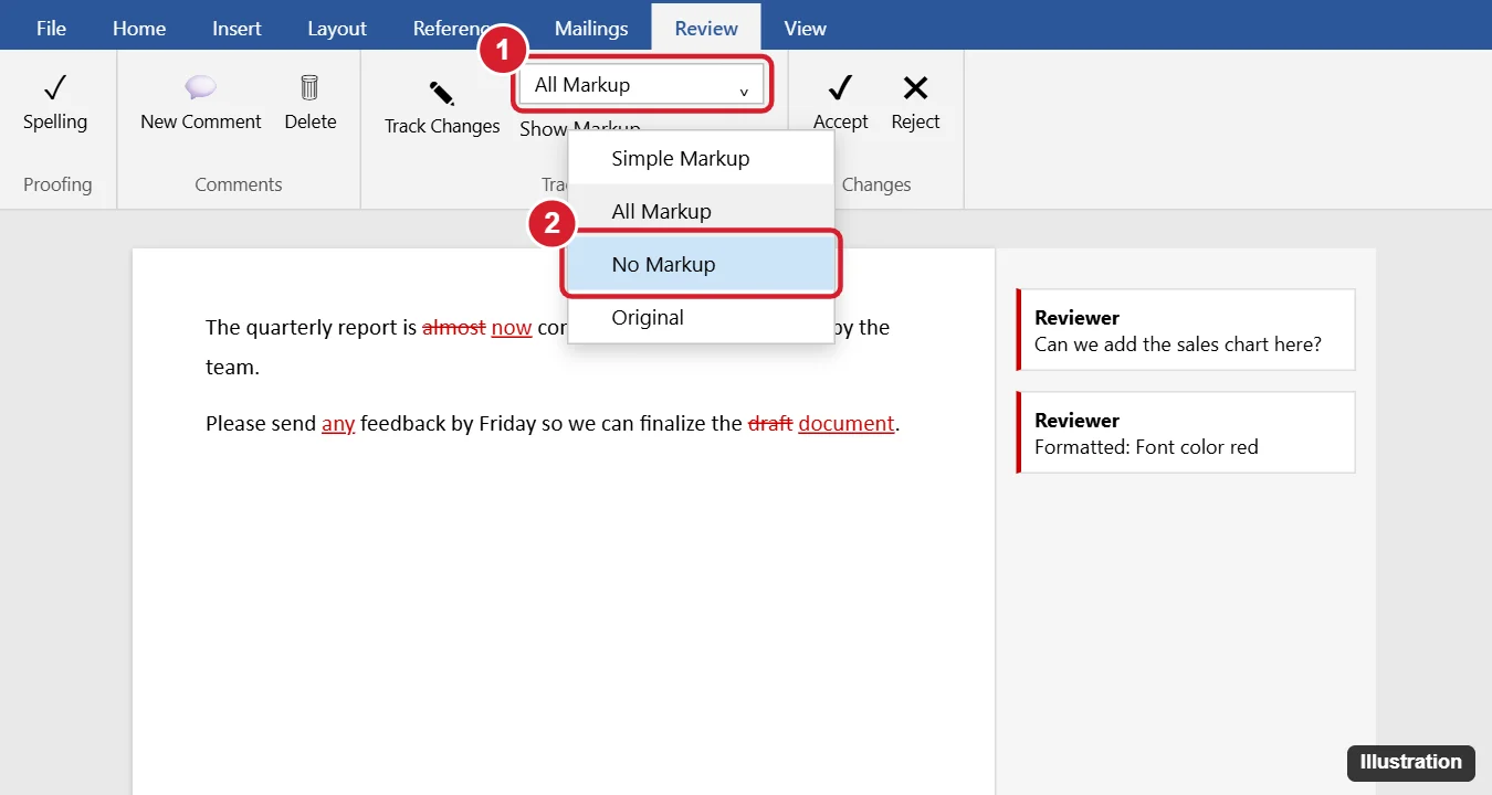 How to Remove the Markup Area in Word (Hide or Delete It) 1 Word processor Review tab with the markup display menu open and No Markup highlighted, beside a markup area with comments