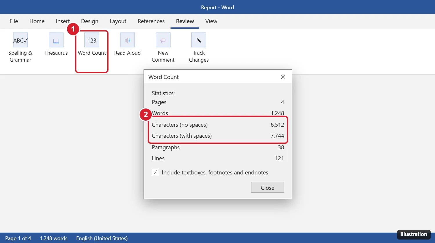 Word Review tab with Word Count clicked and the Word Count dialog showing character counts with and without spaces