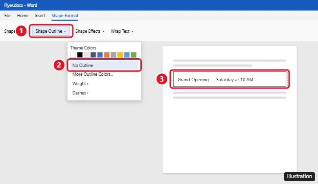 How to Remove the Border From a Text Box in Word 1 Microsoft Word Shape Format tab with the Shape Outline menu open and No Outline highlighted for a selected text box