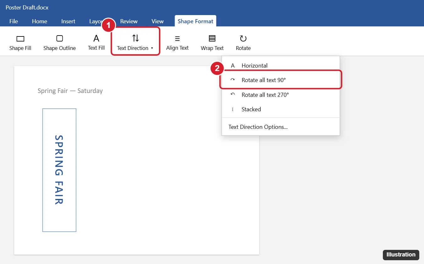 How to Make Text Vertical in Word (Text Box, Table, Stacked) 1 Word style Shape Format tab with the Text Direction menu open and Rotate all text 90 degrees highlighted next to a text box showing vertical text