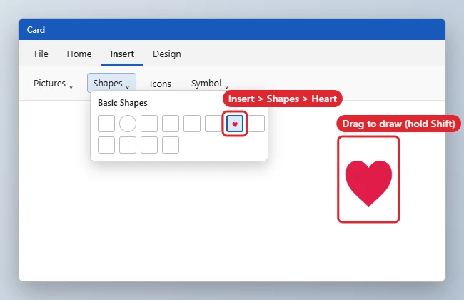 How to Make a Heart in Word 1 Word processor Insert tab with the Shapes gallery open and the heart shape highlighted