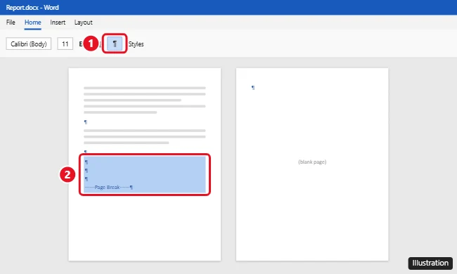 How to Delete a Page in Word (Including Blank Pages) 1 Microsoft Word with the Show/Hide paragraph marks button on and extra paragraph marks and a page break selected on a blank page