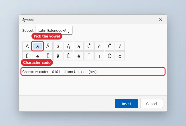 How to Insert Māori Macrons in Word 1 Symbol dialog with a-macron selected and the character code 0101 highlighted