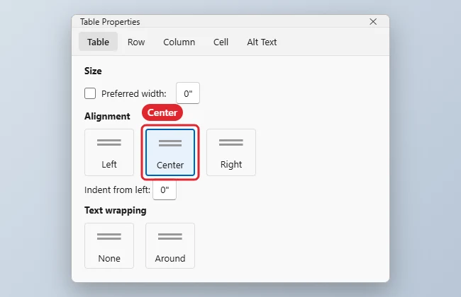 How to Align Tables in Word 1 Word processor Table Properties dialog on the Table tab with Center alignment selected