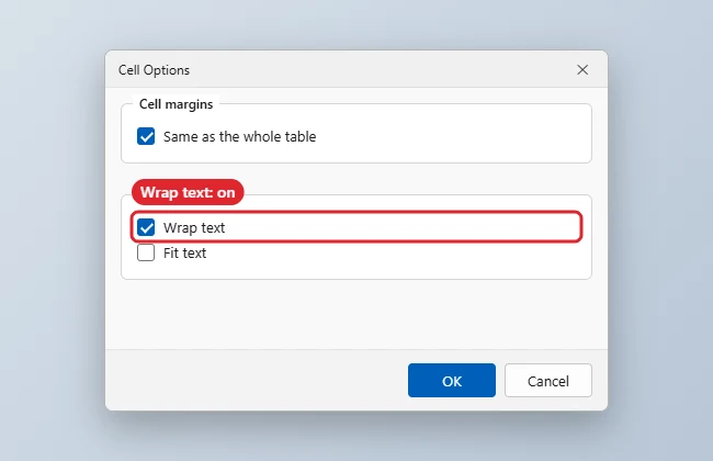 How to Wrap Text in a Table in Word 1 Word processor Cell options with Wrap text ticked in Table Properties