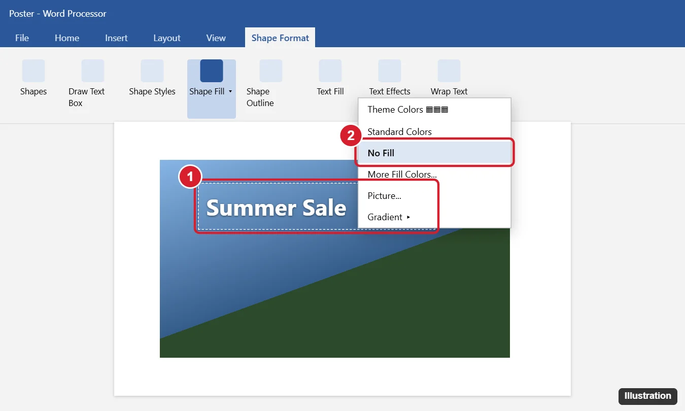 How to Edit Text in a Picture in Word 1 Word processor with a text box placed over a photo, the Shape Format tab open and Shape Fill set to No Fill so the new text appears on the picture