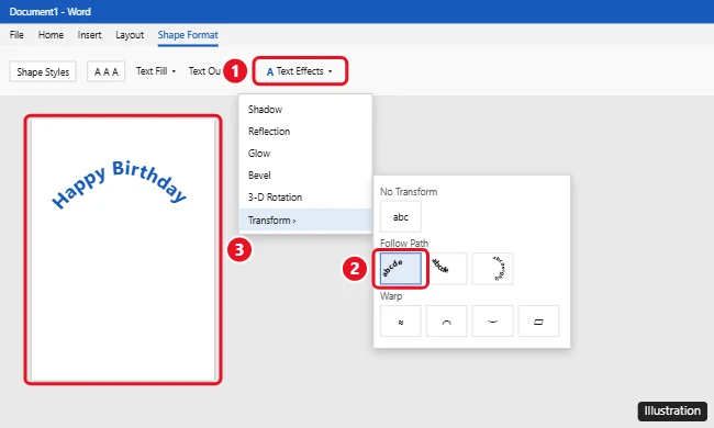 Microsoft Word Shape Format tab with Text Effects Transform menu open and the Arch Follow Path option highlighted, with curved text on the page