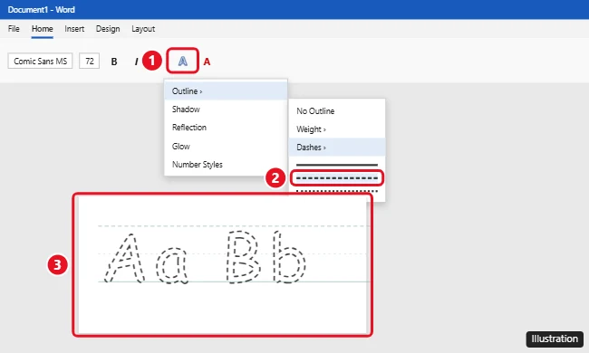 Microsoft Word with Text Effects Outline Dashes menu open and dashed tracing letters on the page