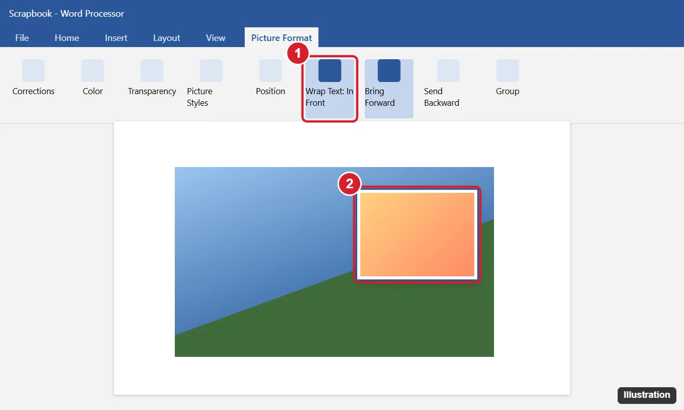 How to Overlay Images in Word 1 Word processor with a small picture placed on top of a larger one, Wrap Text set to In Front of Text and Bring Forward highlighted
