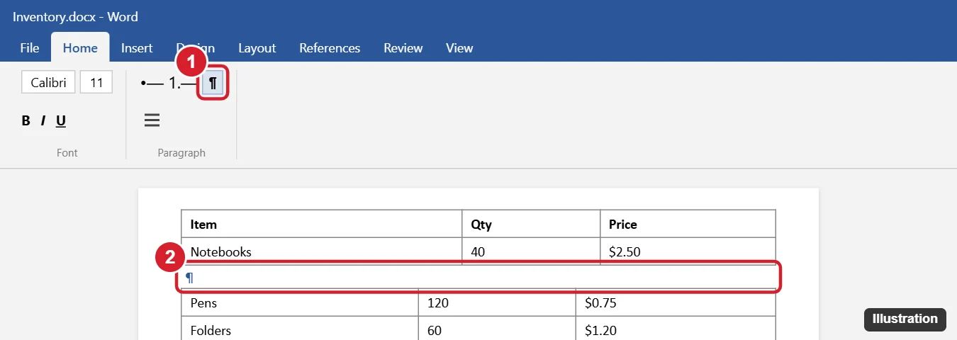 How to Combine Two Tables in Word 1 Word document with Show/Hide turned on and the paragraph mark between two tables highlighted