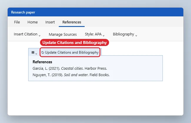 How to Update a Bibliography in Word 1 Word processor bibliography field selected with the Update Citations and Bibliography button on its tab