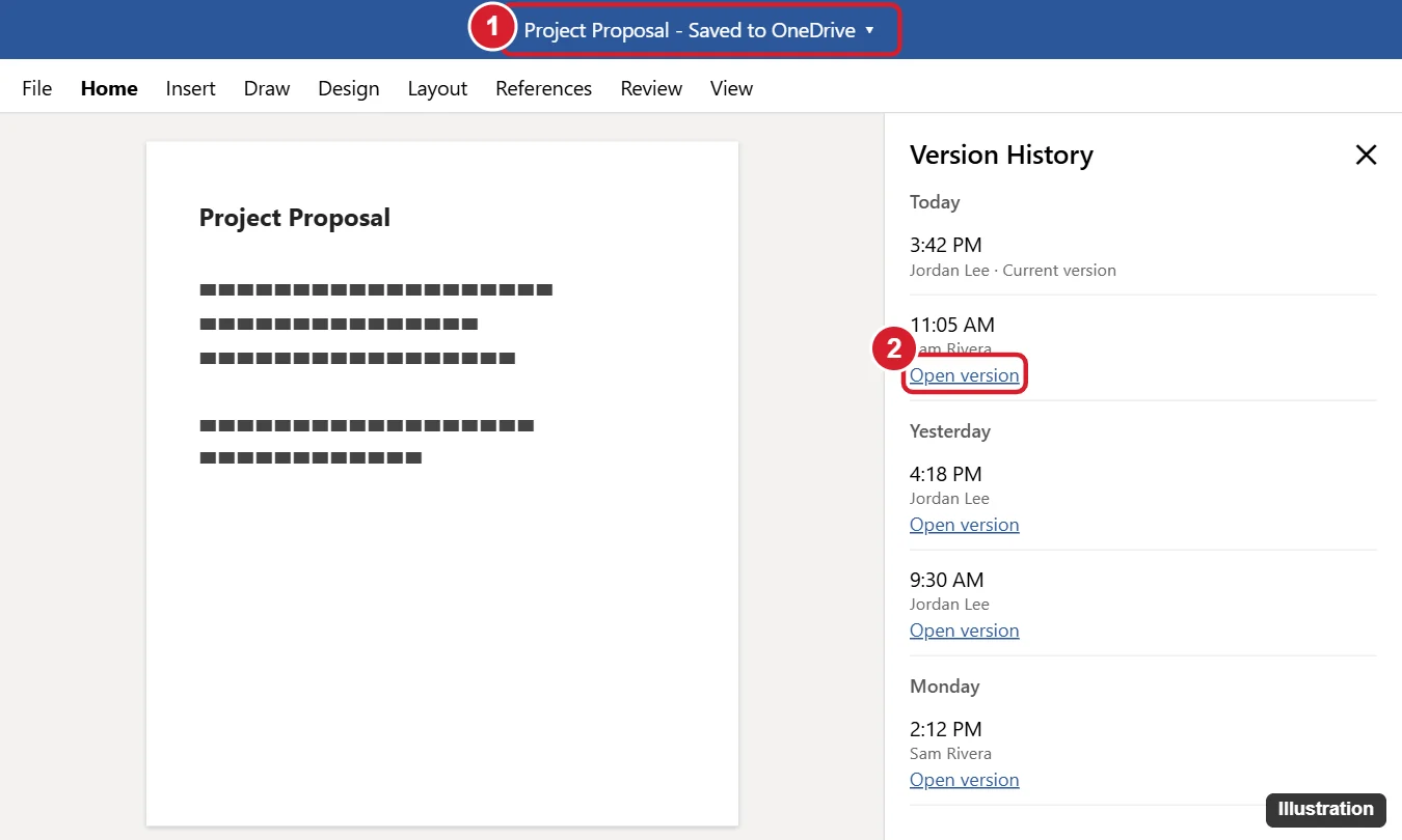 How to See Version History in Word 1 Microsoft Word with the Version History pane open on the right showing earlier versions and the Open version link highlighted