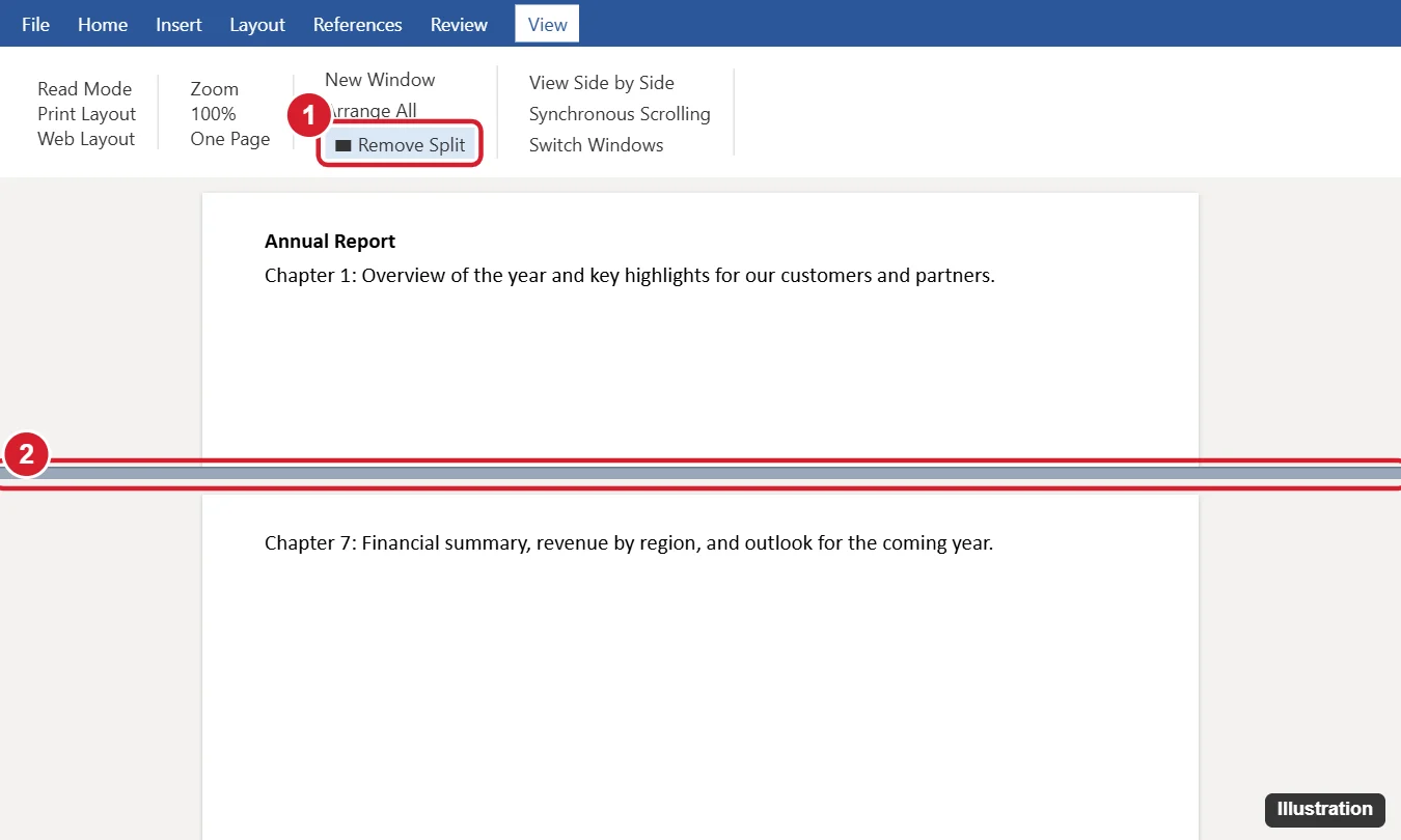 How to Get Rid of Split Screen in Word (Remove Split and Side by Side) 1 Word View tab with the Remove Split button highlighted and a document split into two panes by a split bar