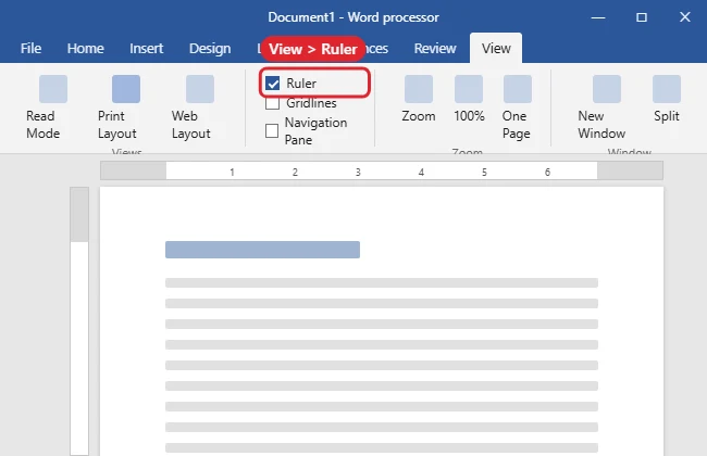 How to Show the Ruler in Word (Horizontal and Vertical) 1 Word processor View tab with the Ruler checkbox selected and the horizontal and vertical rulers showing