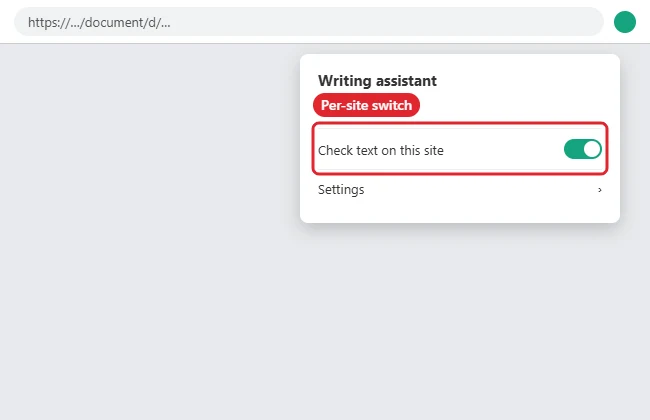How to Add Grammarly to Google Docs (Chrome, Edge, Firefox and Safari) 3 Illustration of a browser extension menu with a switch that allows or blocks text checking on the current website