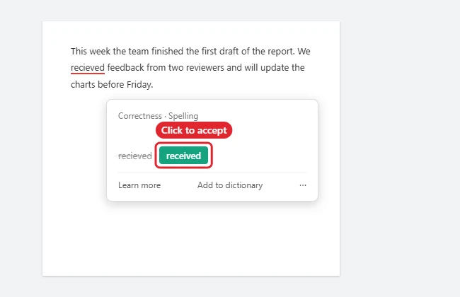How to Add Grammarly to Google Docs (Chrome, Edge, Firefox and Safari) 2 Illustration of a suggestion card opened from an underlined word in an online document, with the suggested correction highlighted