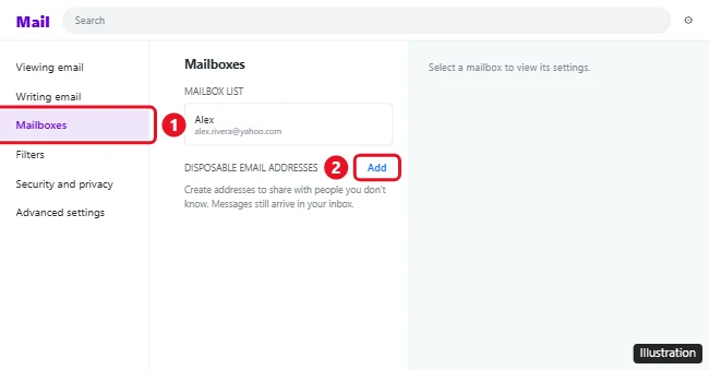 How to Create a Disposable Email Address in Yahoo Mail 1 Yahoo Mail Settings Mailboxes page with Mailboxes and the Add button for disposable email addresses highlighted