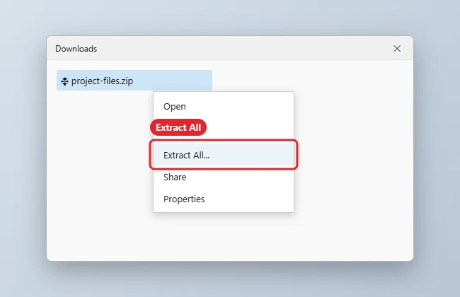 How to Unzip Files in Windows 1 Right-click menu on a zip file with Extract All highlighted