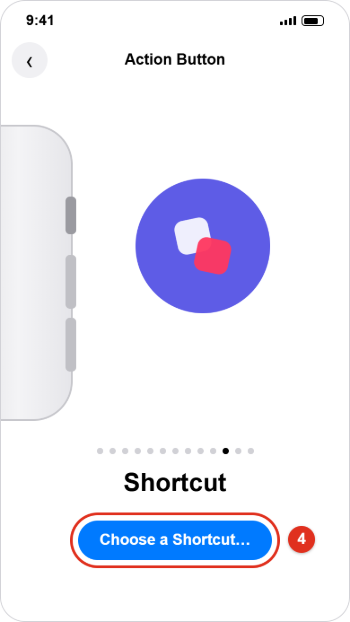 How to Customize the Action Button on iPhone 3 Shortcut action selected in Action Button settings with the Choose a Shortcut button outlined in red and marked with callout 4