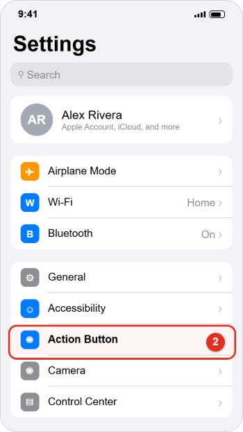 How to Customize the Action Button on iPhone 1 iPhone Settings list with the Action Button row outlined in red and marked with callout 2