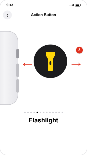 How to Customize the Action Button on iPhone 2 Action Button settings screen showing the Flashlight action with dots underneath and arrows indicating swiping left or right