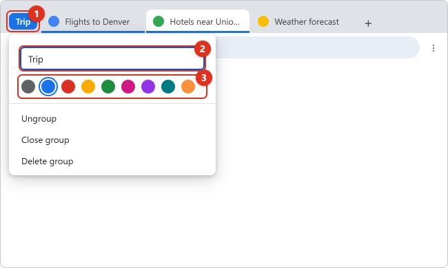 How to Use Tab Groups in Google Chrome 2 Chrome tab group editor open under a blue Trip group header, showing the name box, a row of color circles, and the Ungroup, Close group and Delete group options