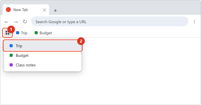 How to Use Tab Groups in Google Chrome 3 Chrome bookmarks bar with the tab groups grid button opened, listing saved groups named Trip, Budget and Class notes